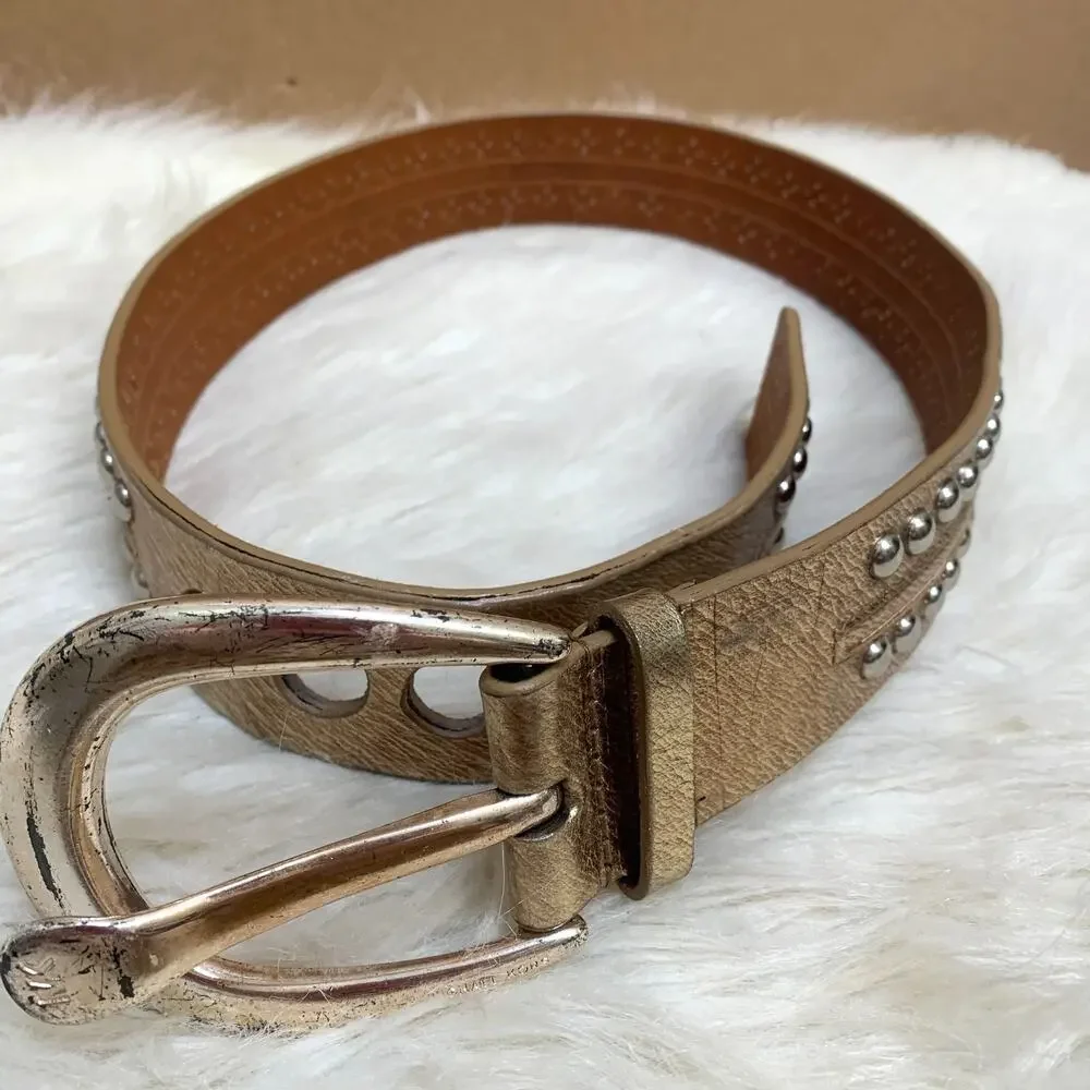 MICHAEL KORS Gold Leather Vintage Studded Belt Silver Buckle Sz SMALL